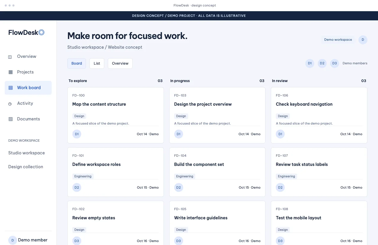 FlowDesk — illustrative Kanban board with three work statuses