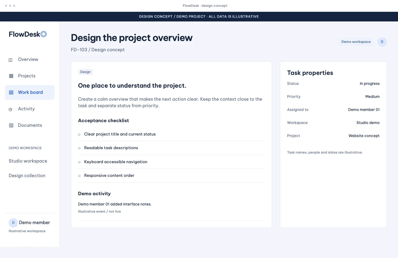 FlowDesk — fictional task detail and checklist